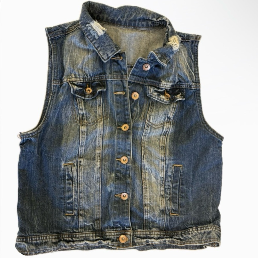 Y2K Streetwear Denim Vest 100% Cotton Distressed Sleeveless Trucker Jacket XL